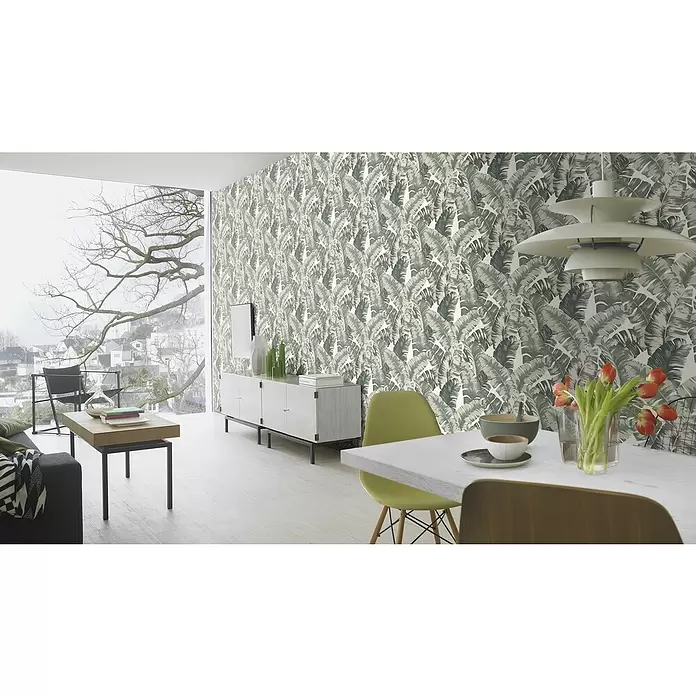 Rasch Yucatán Vliestapete Blätter - Grün/Grau, Floral, 10,05 x 0,53 m - Stimmungsaufnahme