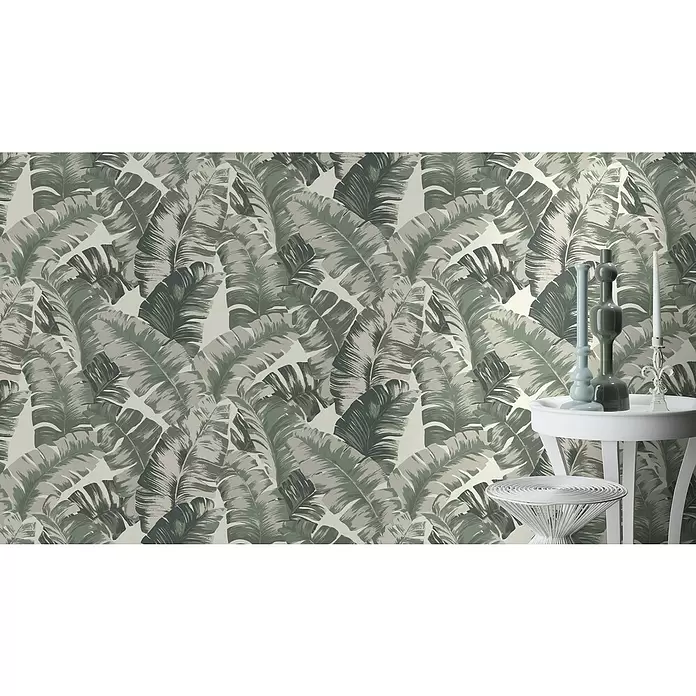 Rasch Yucatán Vliestapete Blätter - Grün/Grau, Floral, 10,05 x 0,53 m - Stimmungsaufnahme