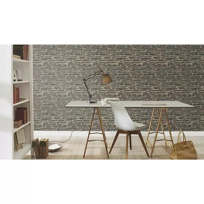 Rasch Tapetenwechsel Vliestapete - Beige/Blau, Steinoptik, 10,05 x 0,53 m - Stimmungsaufnahme