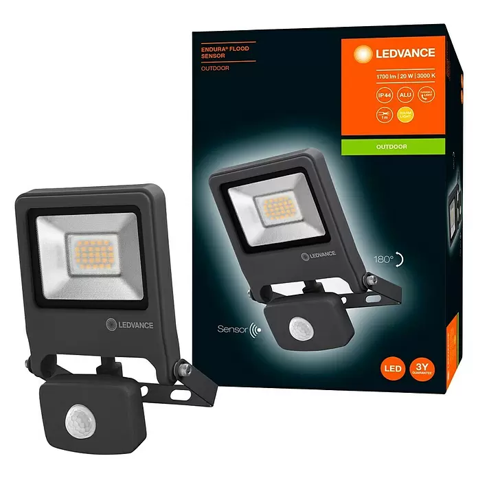 Ledvance LED-Strahler Endura Flood - Anthrazit, Sensor, 20 W, IP44 - Diagonale Ansicht