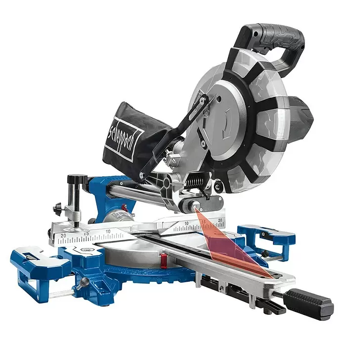 Scheppach Kappzugsäge HM216 X - 2.000 W, Durchmesser Sägeblatt: 210 mm, Leerlaufdrehzahl: 4.800 U/min - Diagonale Ansicht