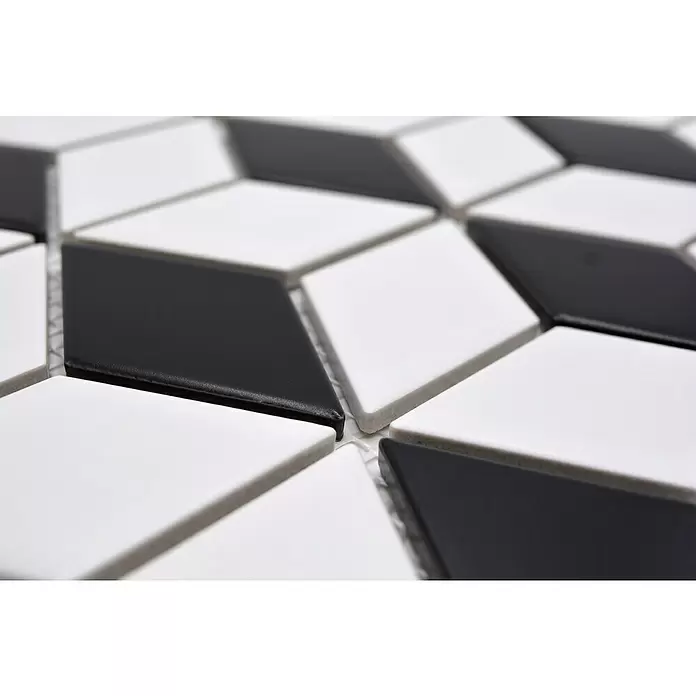 Mozaïektegel kubus Diamond POV 09 - 26,6 x 30,5 cm, Wit/Zwart, Mat - Close-up