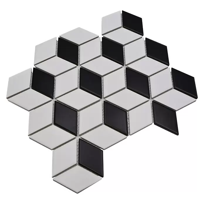 Mozaïektegel kubus Diamond POV 09 - 26,6 x 30,5 cm, Wit/Zwart, Mat - Diagonaal zicht