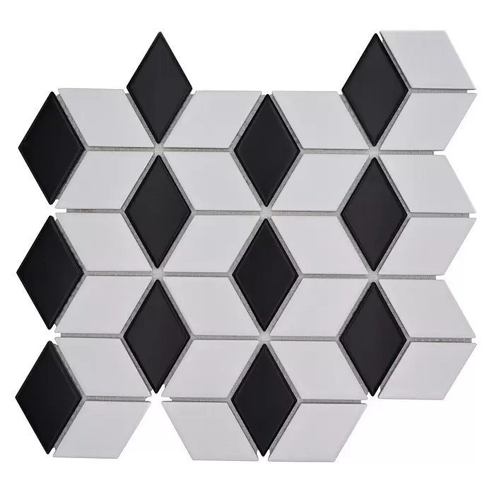 Mozaïektegel kubus Diamond POV 09 - 26,6 x 30,5 cm, Wit/Zwart, Mat - Vooraanzicht