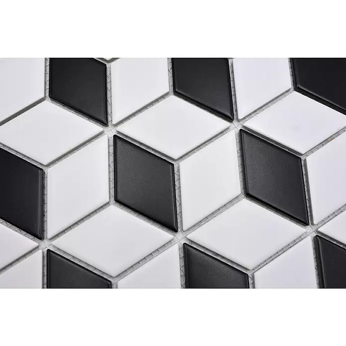 Mozaïektegel kubus Diamond POV 09 - 26,6 x 30,5 cm, Wit/Zwart, Mat - Close-up