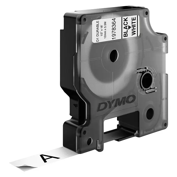 Dymo Cinta para etiquetado D1 - 5,5 m x 12 mm, Color presión: Negro, Color cinta: Blanco, Plástico - Vista angular