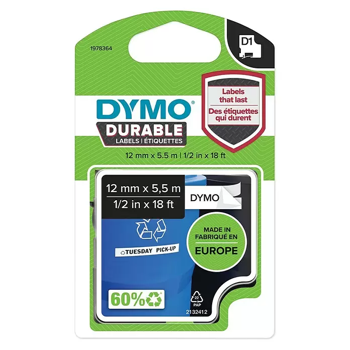 Dymo Cinta para etiquetado D1 - 5,5 m x 12 mm, Color presión: Negro, Color cinta: Blanco, Plástico - Vista frontal