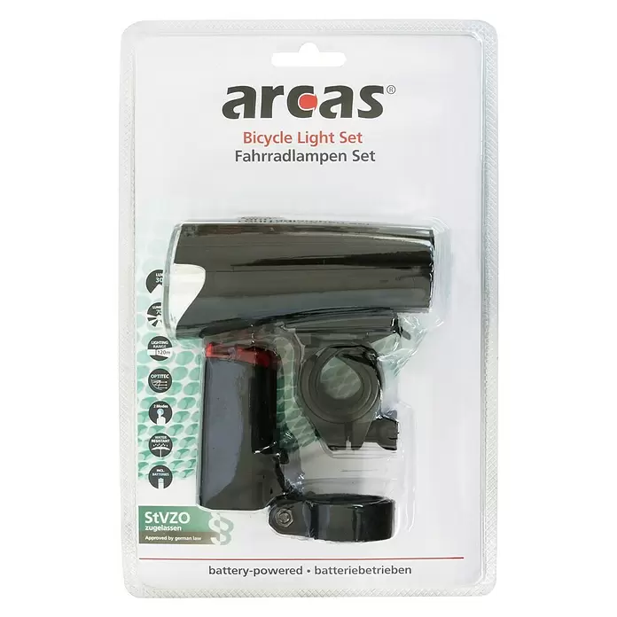 Fahrradbeleuchtungs-Set Arcas - LED, 48 Lux, Schwarz - Vorderansicht