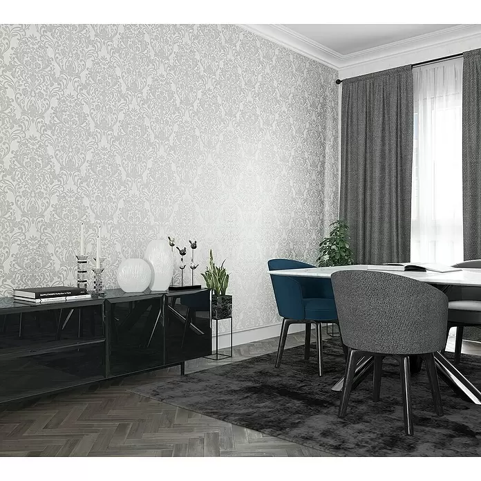 Papel pintado Damasco - Blanco, 10,5 x 0,53 m - Foto ambiente