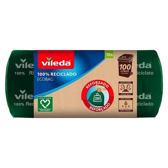 Vileda Bolsas de basura Ecobag 100% reciclado - Capacidad: 100 l l, Número de componentes: 10 ud. - Vista frontal