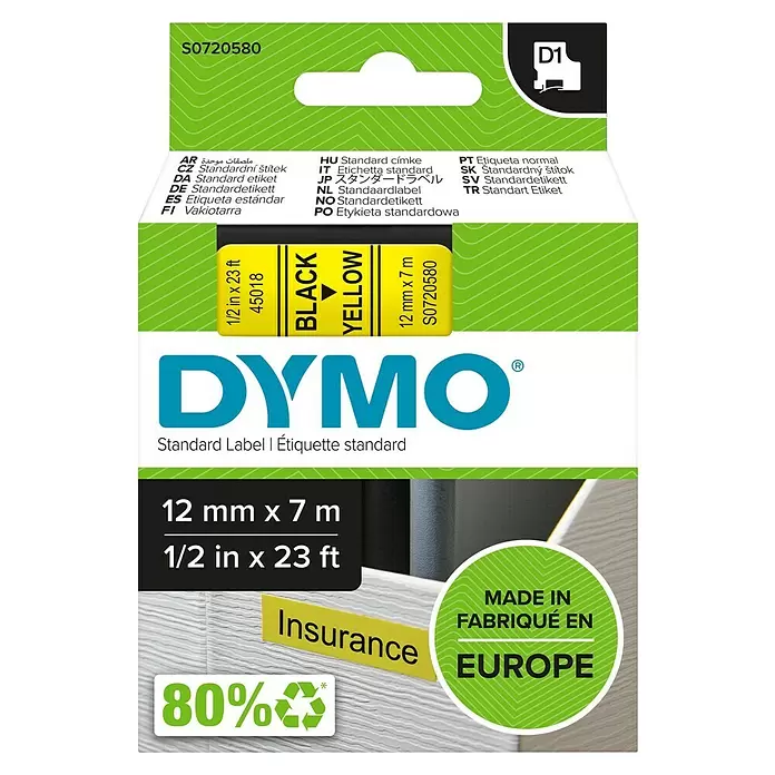 Dymo Cinta para etiquetado D1 - 7 m x 12 mm, Color presión: Negro, Color cinta: Amarillo, Plástico - Vista frontal