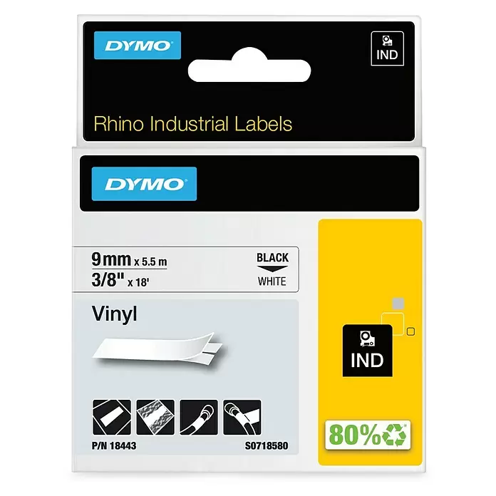 Dymo Cinta para etiquetado Rhino - L x An: 5,5 m x 9 mm, Color presión: Negro, Color cinta: Blanco, Vinilo - Vista frontal