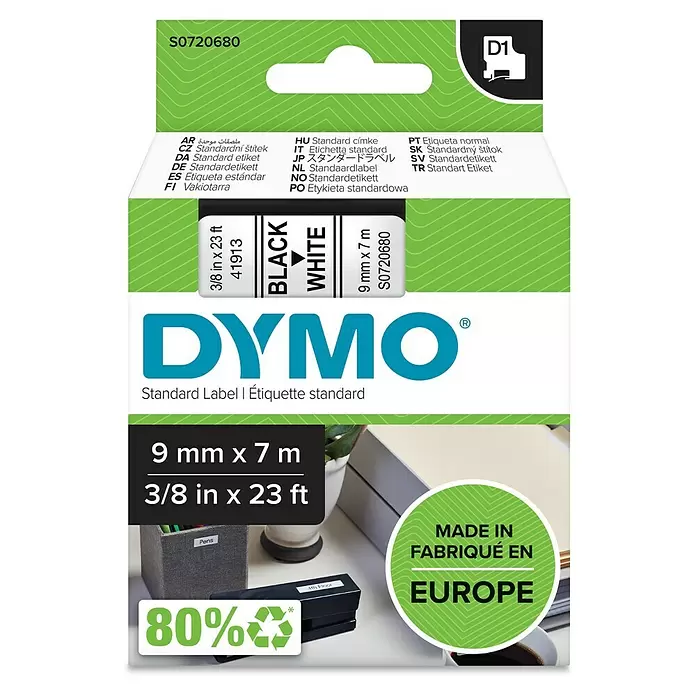 Dymo Cinta para etiquetado D1 - 7 m x 9 mm, Color presión: Negro, Color cinta: Blanco, Plástico - Vista frontal