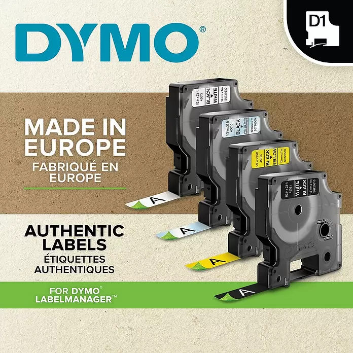 Dymo Cinta para etiquetado D1 - 7 m x 9 mm, Color presión: Negro, Color cinta: Blanco, Plástico