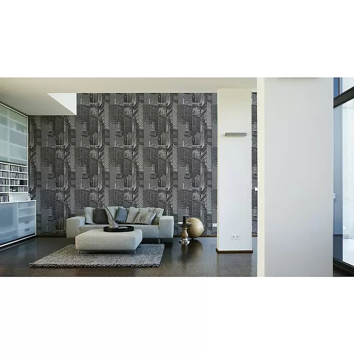 AS Creation Il Decoro Vliestapete Day & Night Manhattan - Schwarz/Silber, Motiv, 10,05 x 0,53 m - Stimmungsaufnahme