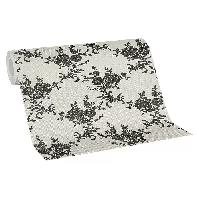 AS Creation Vinyl-Tapete Belle Epoque Blumen Schwarz/Weiß - Schwarz/Weiß, Floral, L x B: 10,05 x 0,53 m - Diagonale Ansicht