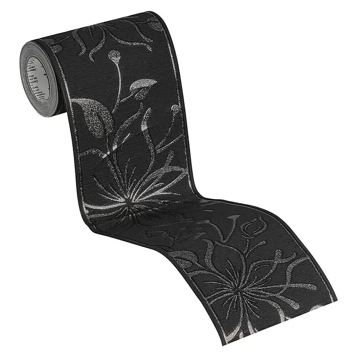 AS Creation Only Borders Tapetenborte Glitter Blüten Schwarz - Schwarz, L x B: 5 x 0,13 m - Diagonale Ansicht