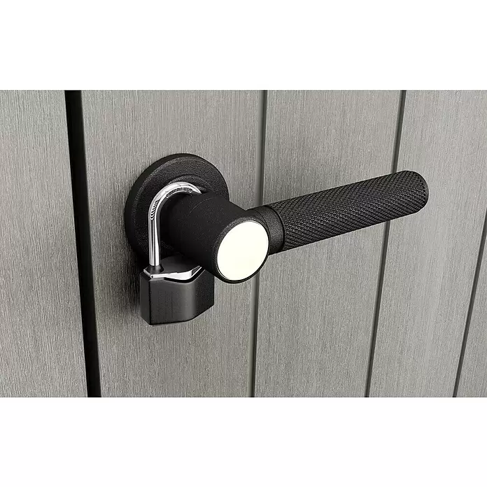 Keter Armario de jardín High Store Plus - 140 x 73,5 x 170 cm, Plástico, Gris - Primer plano