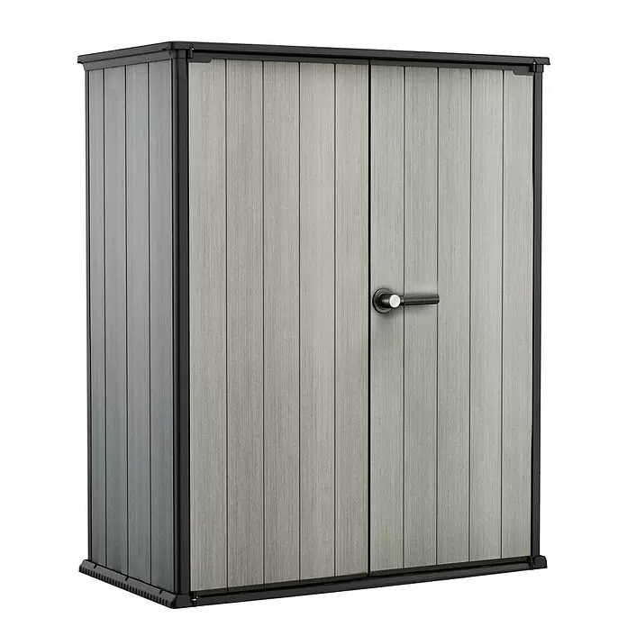 Keter Armario de jardín High Store Plus - 140 x 73,5 x 170 cm, Plástico, Gris - Vista angular