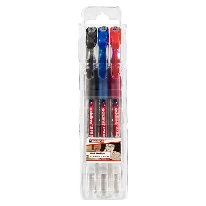 Edding Gelpen 2185 - Streepdikte: 0,7 mm, Zwart/rood/blauw, 3 stk. - Vooraanzicht