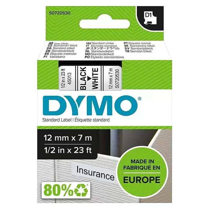 Dymo Cinta para etiquetado D1 - 7 m x 12 mm, Color presión: Negro, Color cinta: Blanco, Plástico - Vista frontal