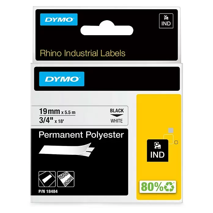 Dymo Cinta para etiquetado Rhino - L x An: 5,5 m x 19 mm, Color presión: Negro, Color cinta: Blanco, Poliéster - Vista frontal