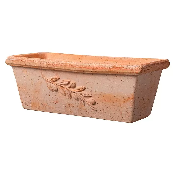 Deroma Olive Pflanzkasten - Außenmaß (L x B x H): 30 x 15 x 11,5 cm, Naturmaterialien, Terracotta, Strukturoptik - Diagonale Ansicht