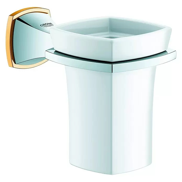 Grohe Grandera Zahnputzbecher - Mit Halterung, Metall, Chrom, Gold - Diagonale Ansicht