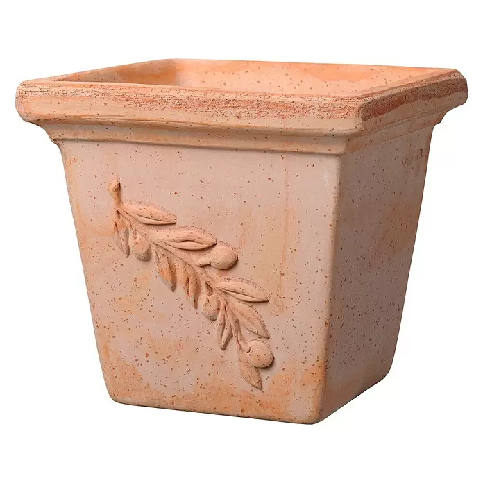 Deroma Olive Pflanzkasten Quadro - Außenmaß (L x B x H): 18 x 18 x 15 cm, Naturmaterialien, Terracotta - Diagonale Ansicht