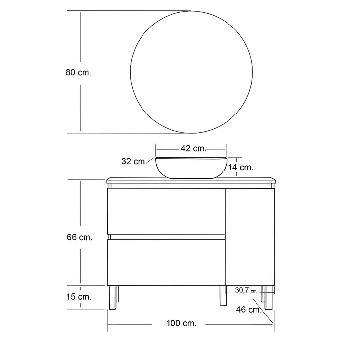 Conjunto de mueble de baño Oval - 100 cm, 4 piezas, Blanco, Mate - Dibujo técnico
