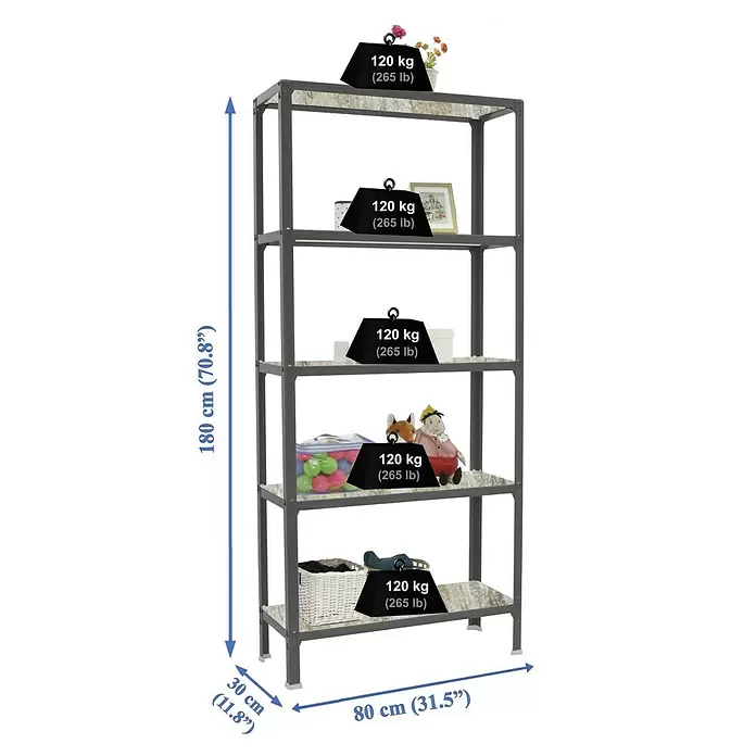 Simonrack Homeclick Estantería metálica Wood - L x An x Al: 30 x 80 x 180 cm, Capacidad de carga: 120 kg/balda, Número de baldas: 5 ud., Gris antracita - Dibujo técnico