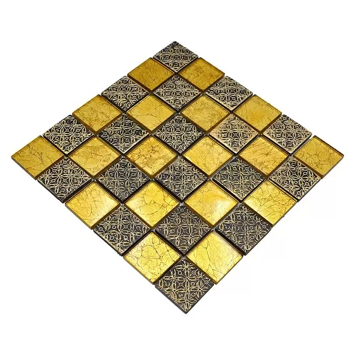 Mozaïektegel vierant glas Mix XCM 8OP7 - 30 x 30 cm, Goud, Glanzend - Diagonaal zicht