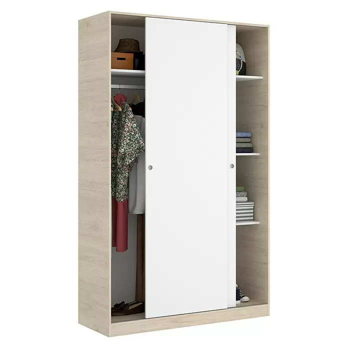 Armario para ropa con puertas correderas Slide - L x An x Al: 50 x 120 x 204 cm, Blanco/Natural - Vista angular