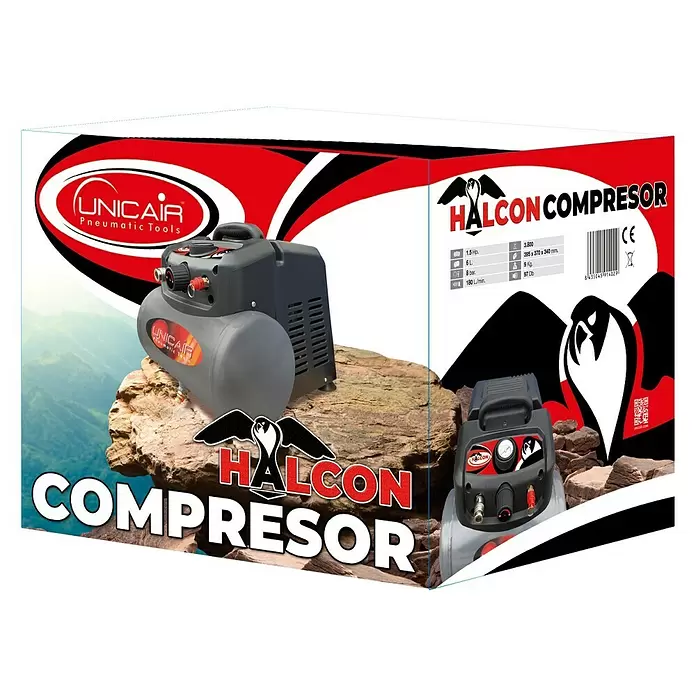 Unicair Compresor Halcón - 8 bar, 1,5 kW, Capacidad de la caldera: 6 l - Vista angular