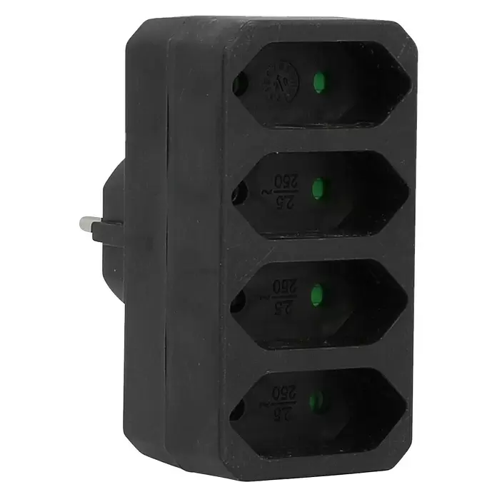UniTEC Euro-Adapter - Schwarz, Anzahl Steckdosen Euro: 4 Stk., 4 x 2,5 A, 1.250 W - Diagonale Ansicht