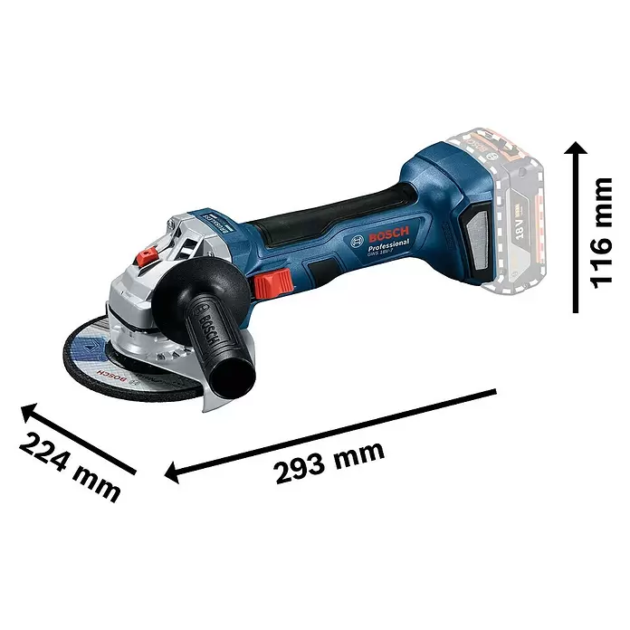 Bosch Professional Akku-Winkelschleifer GWS 18V-7 - 18 V, Ohne Akku, Durchmesser Scheibe: 125 mm, Verpackung: Karton - Skizze