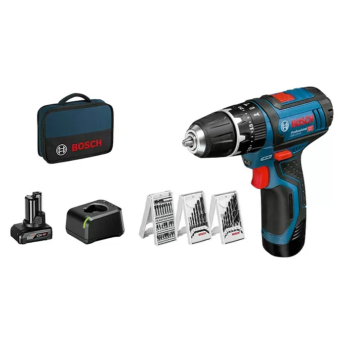 Bosch Professional Akku-Schlagbohrschrauber GSB 12V-15 - 12 V, 2 Akkus, 2 Ah - 4 Ah, Leerlaufdrehzahl: 0 U/min - 1.300 U/min - Diagonale Ansicht