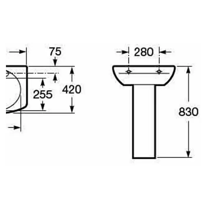Roca Lavabo Eos - An x L: 55 x 42 cm, Sin, Con desbordamiento, Blanco - Dibujo técnico