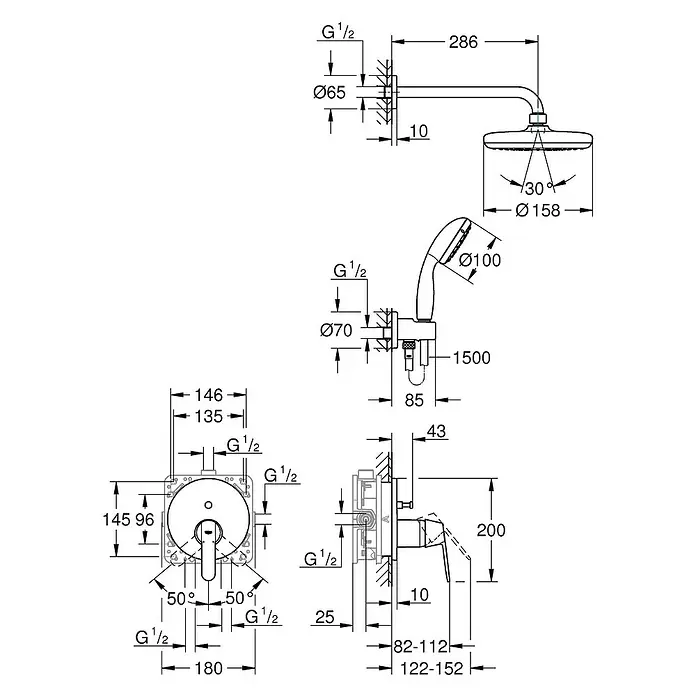 Grohe Get Conjunto de ducha empotrado - Número de funciones: 2 ud., Cromo - Dibujo técnico