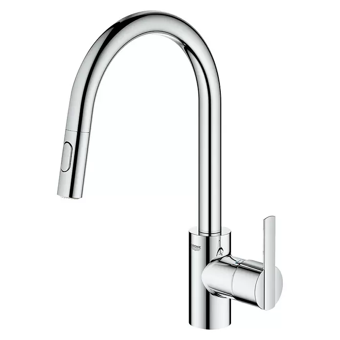 Grohe Feel Keukenkraan - Chroom, Glanzend, Uittrekbare uitloop - Diagonaal zicht