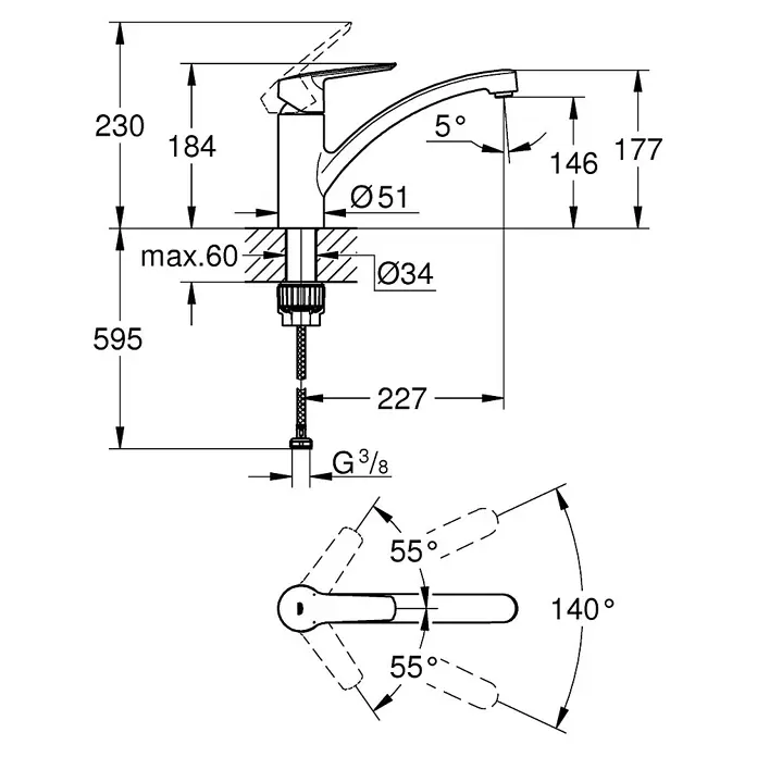 Grohe Start Spültischarmatur QuickFix - Chrom, Glänzend, Mittelhoher Auslauf - Skizze