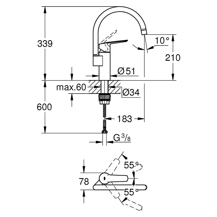 Grohe Start Grifo de cocina - Cromo, Brillante, Caño alto - Dibujo técnico