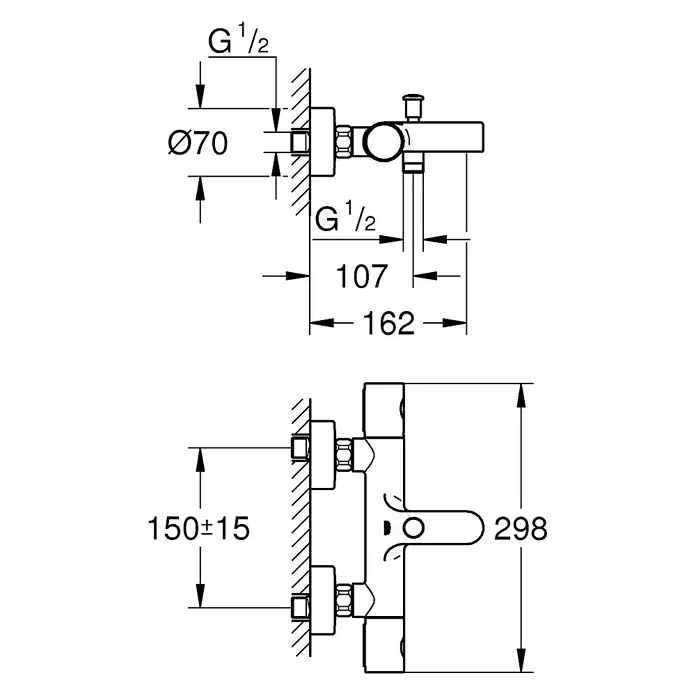 Grohe Grifo termostático de bañera - Cromo, Brillante - Dibujo técnico