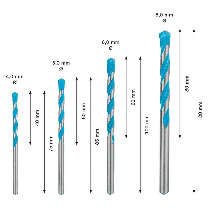 Bosch Professional Expert Broca multiuso Robustline CYL-9 - Diámetro: 4 mm - 8 mm, 4 pzs. - Dibujo técnico