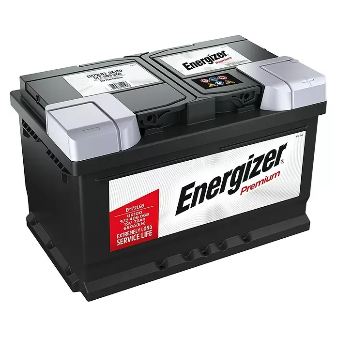 Energizer Autobatterie Premium EM72-LB3 - 72 Ah, 12 V, Batterieart: Blei - Diagonale Ansicht