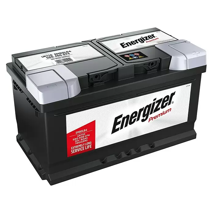 Energizer Autobatterie Premium EM80-LB4 - 80 Ah, 12 V, Batterieart: Blei - Diagonale Ansicht