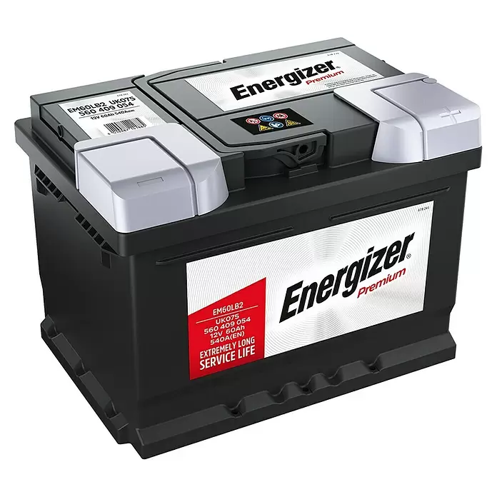 Energizer Autobatterie Premium EM60-LB2 - 60 Ah, 12 V, Batterieart: Blei - Diagonale Ansicht