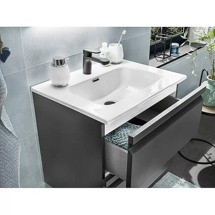 Riva Pull Waschtischunterschrank - 60 x 54,4 x 59,5 cm, Anthrazit, Matt - Stimmungsaufnahme