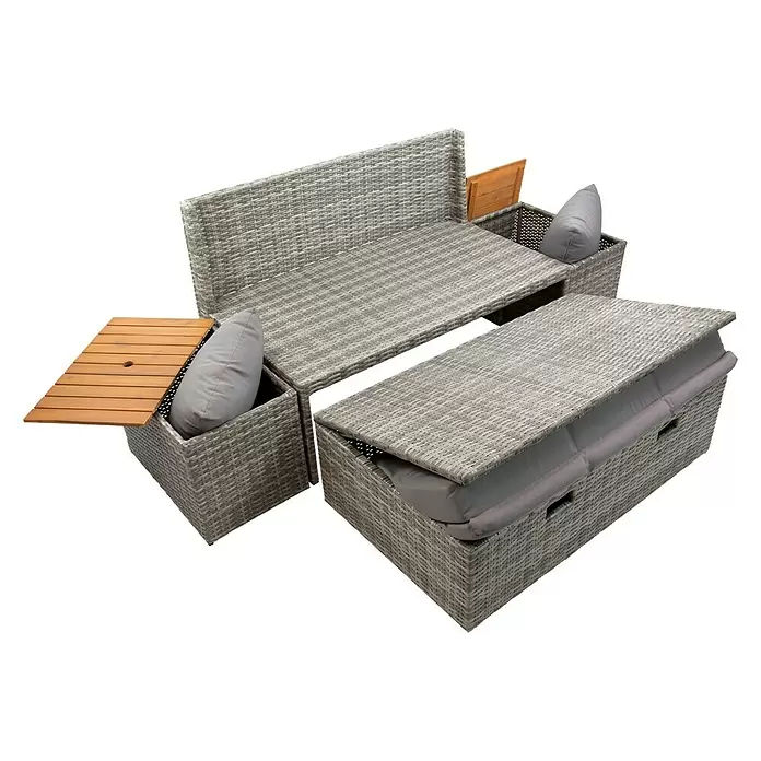 Loungemöbel-Set - 4 -tlg., Aluminium/Polyrattan/Polyester, Grau - Diagonale Ansicht