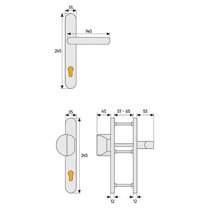 Abus Schutzbeschlag SRG 92 N - Schmalrahmen, Aluminium, Türstärke: 59 mm - 65 mm, Knopf außen, Drücker innen - Skizze